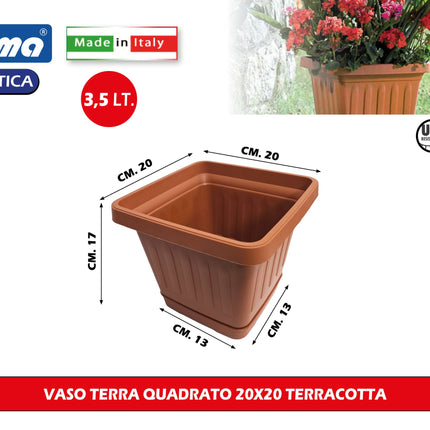 Bama Vaso Quadrato Con Sottovaso In Terracotta, Resistente A Sbali Di Temperatura, Urti E Raggi Solari