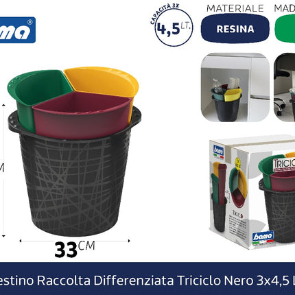 Cestino Raccolta Differenziata Triciclo Nero 3X4,5 Lt. Bama