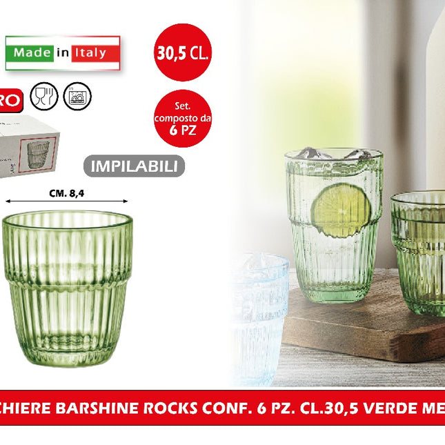 Bicchiere Barshine Rocks Conf. 6 Pz. Cl.30,5 Impilabile Verde Menta Bormioli Luigi