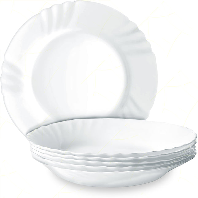 Piatto Piano Ebro Ø24Cm Bianco 6Pz Con Decoro Bordo, Vetro Opale Temperato, Per Antipasti, Secondi Piatti, Contorni, Adatto Al Microonde