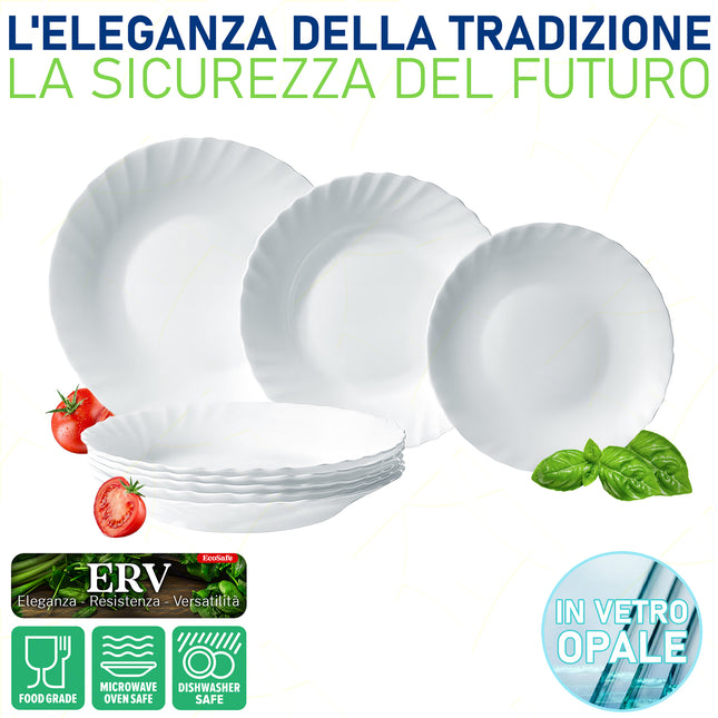 Piatto Piano Ebro Ø24Cm Bianco 6Pz Con Decoro Bordo, Vetro Opale Temperato, Per Antipasti, Secondi Piatti, Contorni, Adatto Al Microonde