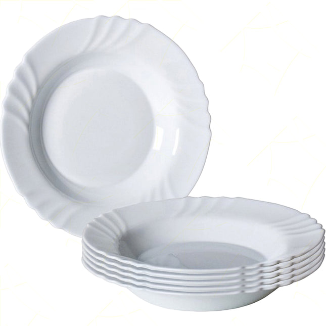 Piatto Fondo Ebro Ø23Cm Bianco 6Pz Con Decoro Bordo, Vetro Opale Temperato, Per Antipasti, Secondi Piatti, Contorni, Adatto Al Microonde Bormioli Rocco