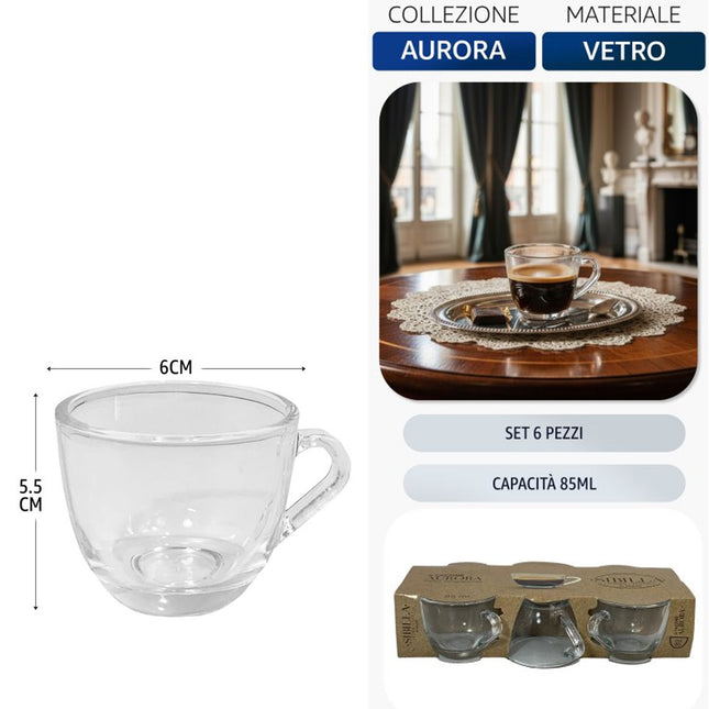 Tazzine da Caffè in Vetro – Set 6 Pezzi, Collezione Aurora, Eleganza Trasparente! Galileo