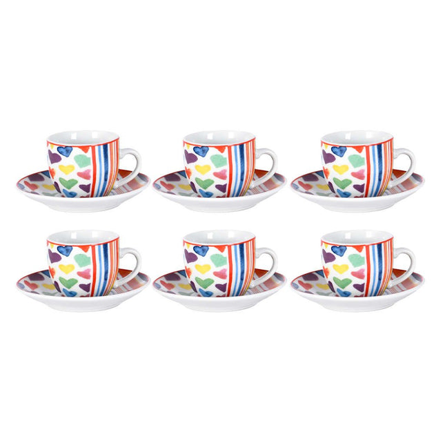 Set 6 Tazzine Caffè in Ceramica Fantasia Cuoricini (Opzione Piattino) Con piattini Borella Casalinghi srl