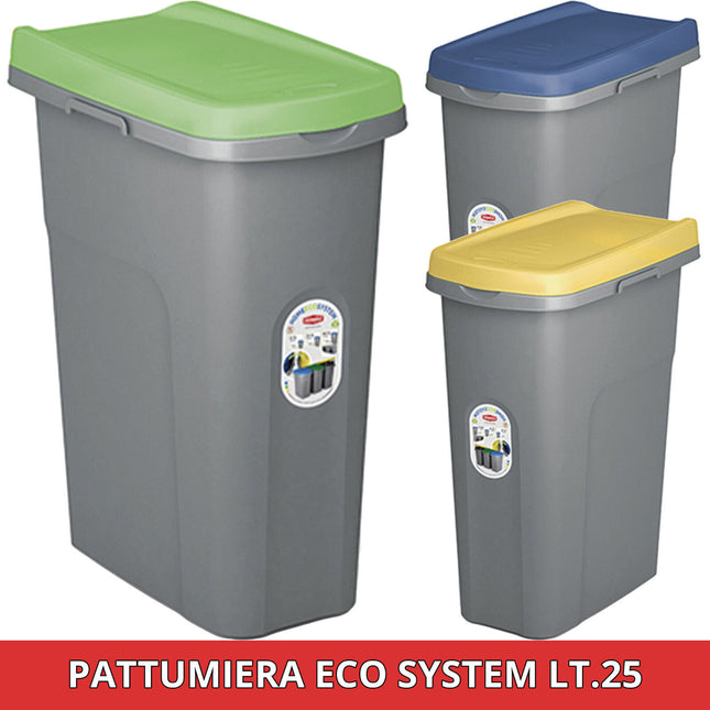 Bidone Spazzatura Plastica Coperchio Colorato Eco System 25L Cestino Rifiuti