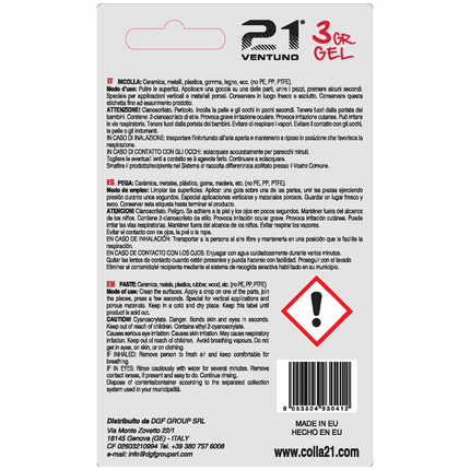Colla 21 Gel – Adesivo Cianoacrilato Tixotropico Non Cola per Superfici Verticali e Riempimento 21 Campania
