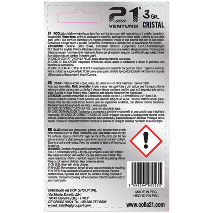 Adesivo UV per Vetro e Metallo — Cristal 21, Metacrilato Uretanico, Resistente Lavastoviglie 21 Campania