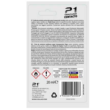 Colla 21 Contacto – Adesivo a Contatto Universale Policloroprenico Trasparente – Gomma Cuoio Legno Ceramica Pelle – Tubetto 20 ml 21 Campania