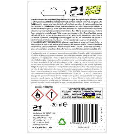 Colla 21 Plastic Rigid – Adesivo Trasparente per Plastiche Rigide PVC Plexiglass ABS – Saldante Chimico – Tubetto 20 ml 21 Campania