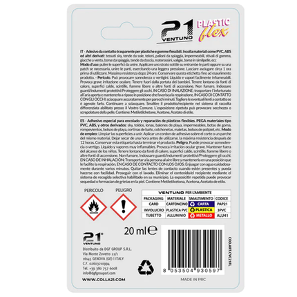 Colla 21 Plastic Flex – Adesivo a Contatto per Plastiche e Gomme Flessibili PVC ABS – Trasparente – Tubetto 20 ml 21 Campania