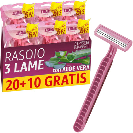 Irge Rasoi Usa e Getta per Donna a 3 Lame, con Striscia Lubrificante Aloe Vera e Vitamina E, Testina Flessibile Irge