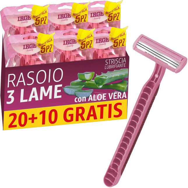 Irge Rasoi Usa e Getta per Donna a 3 Lame, con Striscia Lubrificante Aloe Vera e Vitamina E, Testina Flessibile Irge