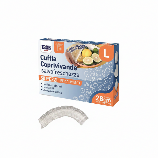 Irge Cuffie Coprivivande Elastiche Salva Freschezza M/L | Pellicola Elastica Alimenti Trasparente Confezione 50-1000 Pz (L) Ø28cm Irge