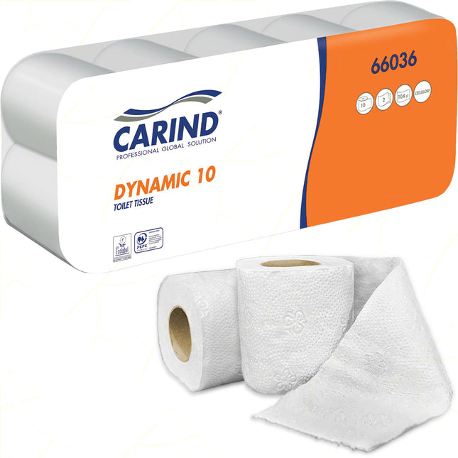 Carind Carta Igienica Dynamic: 10 Rotoli, 2 Veli Cellulosa, 104 Strappi (Uso Casalingo, Hotel, Famiglia)