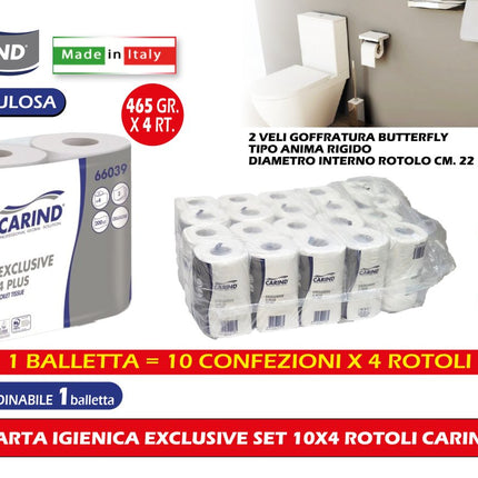 Carind Carta Igienica Exclusive Confezione 10x4 Rotoli, 3 Veli In Cellulosa, 200 Strappi, Lunghezza Fino A 22 Metri, Uso Casalingo Hotel Formato Famiglia Pacco Carind