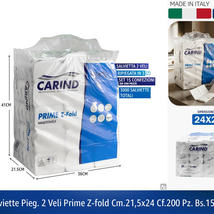 Asciugamani di Carta Piegati a Z Carind Prime - Maxi Scorta 3000 Salviette (15 Confezioni da 200 Pezzi)