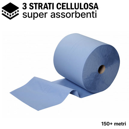 Carind Rotoloni Rotoli Di Carta Grande Blu, 2 Pezzi, 150M, Super Assorbente, 3 Veli, Cellulosa - Bobina 500+ Strappi, Dimensioni Strappo 30X26H Cm