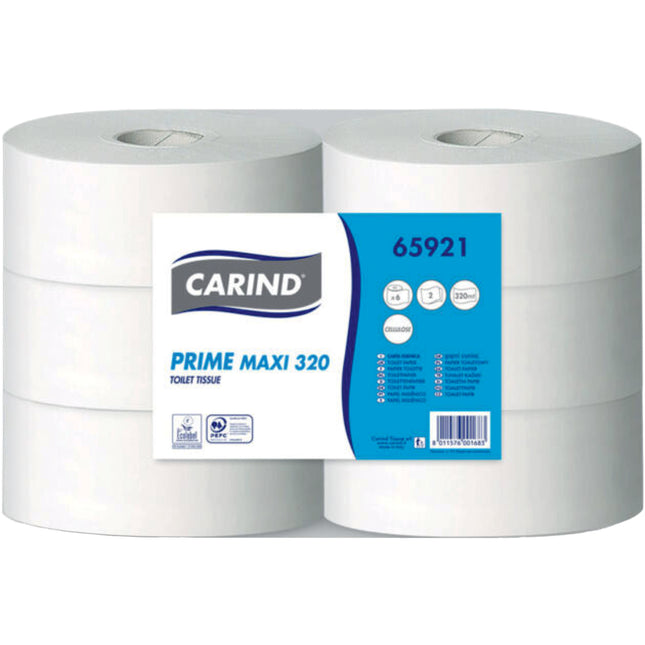 Carind Carta Igienica Maxi Jumbo: 6 Rotoli Doppia Velo 320M Cellulosa Per Dispenser Industriali