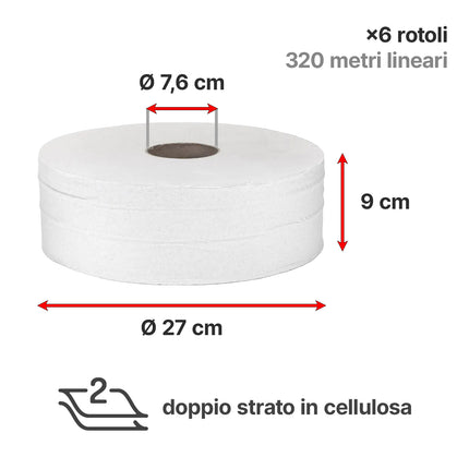 Carind Carta Igienica Maxi Jumbo: 6 Rotoli Doppia Velo 320M Cellulosa Per Dispenser Industriali