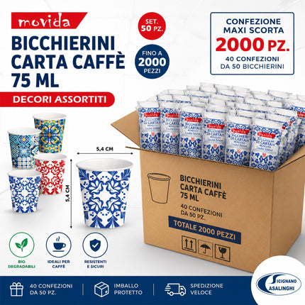 Bicchierini di Carta BIO ml.75 per Caffè Decori Assortiti | Set 50-2000pz I CasaAmici