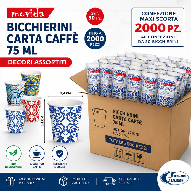 Bicchierini di Carta BIO ml.75 per Caffè Decori Assortiti | Set 50-2000pz I CasaAmici
