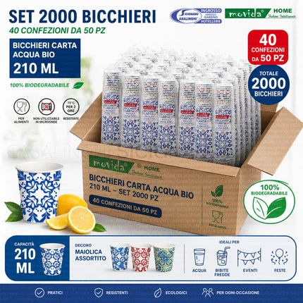 Bicchieri di Carta BIO ml.210 per Acqua Decori Assortiti | Set 50-2000pz I CasaAmici