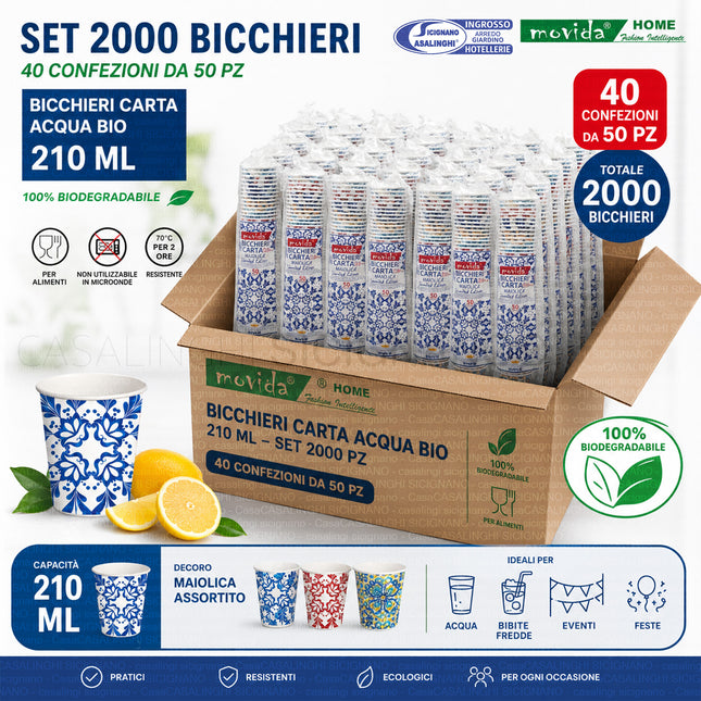 Bicchieri di Carta BIO ml.210 per Acqua Decori Assortiti | Set 50-2000pz I CasaAmici