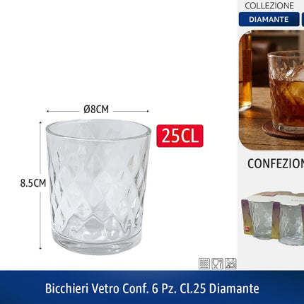BICCHIERI VETRO CONF. 6 PZ. CL.25 DIAMANTE Cegeco & Alar