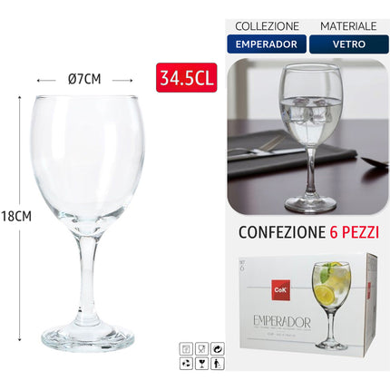 Cegeco & Alar Set Calici Da Vino Emperador 25 Cl Vetro Per Lavastoviglie Bar Ristorante Horeca 34.5 cl 6 Persone Cegeco & Alar