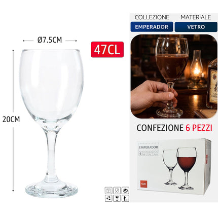 Cegeco & Alar Set Calici Da Vino Emperador 25 Cl Vetro Per Lavastoviglie Bar Ristorante Horeca 47 cl 6 Persone Cegeco & Alar