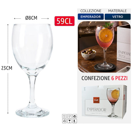 Cegeco & Alar Set Calici Da Vino Emperador 25 Cl Vetro Per Lavastoviglie Bar Ristorante Horeca 59 cl 6 Persone Cegeco & Alar
