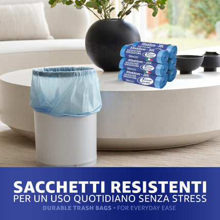 120 Sacchetti Immondizia 30L Premium Strength - 55x65cm con Legaccio - Made in Italy Anti-Goccia Gelsac