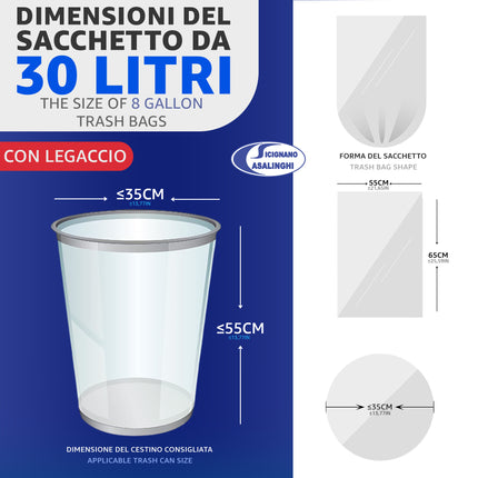 120 Sacchetti Immondizia 30L Premium Strength - 55x65cm con Legaccio - Made in Italy Anti-Goccia Gelsac