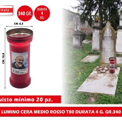 Cereria Muto Italo Lumini in Cera Rossa a Lunga Durata – Piccoli, Medi e Grandi | Fiamma Stabile per Interni ed Esterni T80 – 4 Giorni (310 g) Cereria Muto Italo