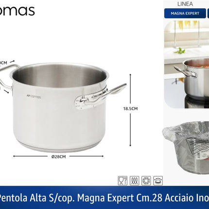 Casseruola Alta Senza Coperchio Magna Expert, Acciaio Inossidabile, Pentola Professionale con Manici Ø 28 cm (2 manici) Comas