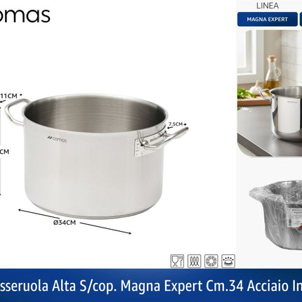 Casseruola Alta Senza Coperchio Magna Expert, Acciaio Inossidabile, Pentola Professionale con Manici Ø 34 cm (2 manici) Comas