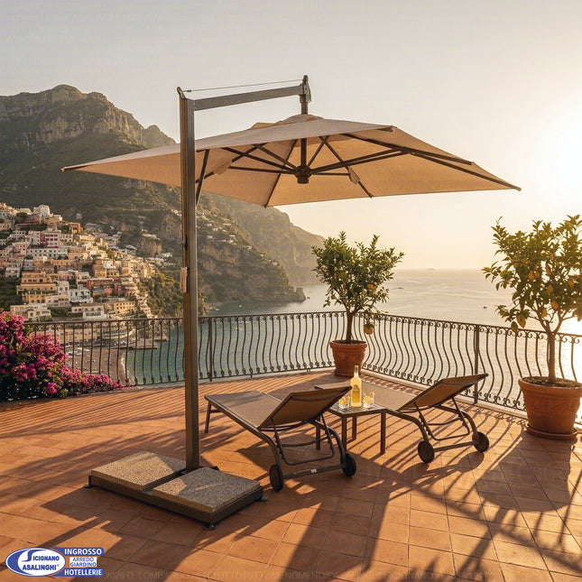 Ombrellone Sorrento a Braccio Laterale 3x3 / 3x4 m | Made in Italy | Struttura in Ferro Zincato e Telo Acrilico Ecrù Antivento Sessa Ombrellificio