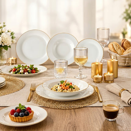 Set Tavola 36 Pezzi per 6 Persone, Piatti in Porcellana Bianca con Bordo Oro, Bicchieri e Calici in Vetro Rigato, Tazzine Caffè Tutto Tutto Meno Meno®