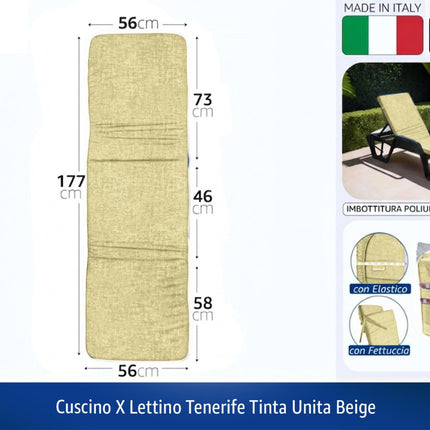 Gemitex Cuscino per Lettino Tenerife 177x56 cm con Elastico e Fettuccia | Colori Beige e Blu Beige Gemitex