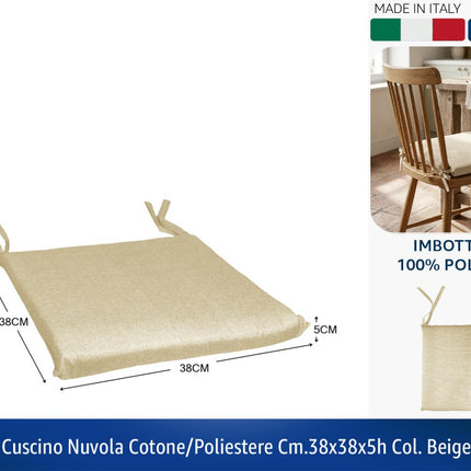 Cuscino Nuvola per Sedie da Interno 38x38x5 cm – 50% Cotone 50% Poliestere, Imbottitura Morbida, Colori Blu o Beige, Made in Italy Beige Gemitex
