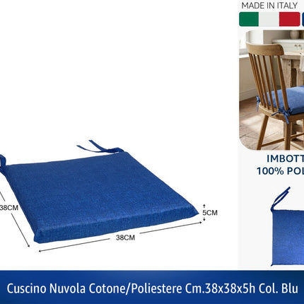 Cuscino Nuvola per Sedie da Interno 38x38x5 cm – 50% Cotone 50% Poliestere, Imbottitura Morbida, Colori Blu o Beige, Made in Italy Blu Gemitex