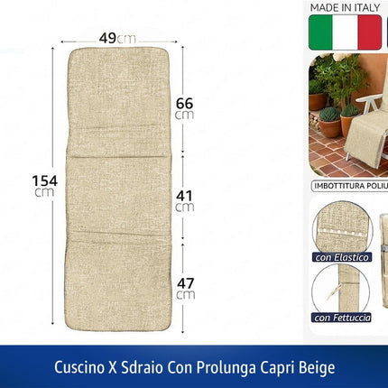 Gemitex Cuscino per Sdraio con Prolunga Capri | Con Elastico e Fettuccia | 154x49 cm, Cotone/Poliestere | Colori Beige e Blu Beige Gemitex