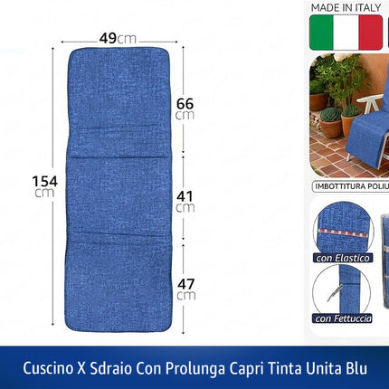 Gemitex Cuscino per Sdraio con Prolunga Capri | Con Elastico e Fettuccia | 154x49 cm, Cotone/Poliestere | Colori Beige e Blu Blu Gemitex
