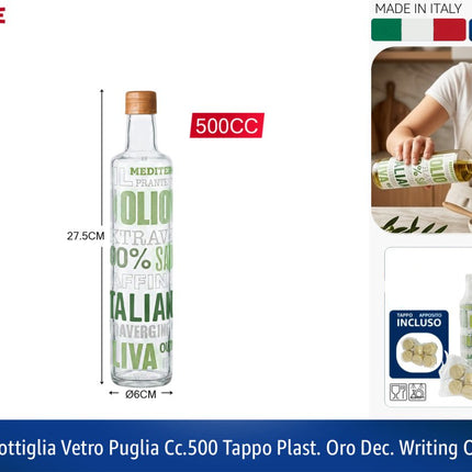 Bottiglia Vetro Olio Puglia Cc.500 Tappo Plast. Oro Dec.writing Oil Cerve