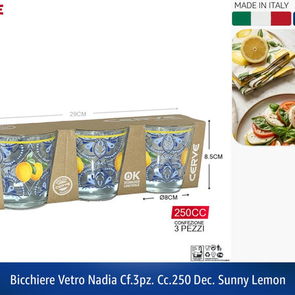 Cerve Set 3 Bicchieri Vetro Nadia 250 cc Sunny Lemon – Decorati Limoni Blu e Giallo, Made in Italy, Lavabili in Lavastoviglie Cerve