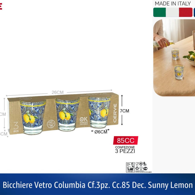 Cerve Set 3 Bicchierini Vetro Columbia 85 cc Sunny Lemon – Made in Italy, Lavabili in Lavastoviglie Cerve