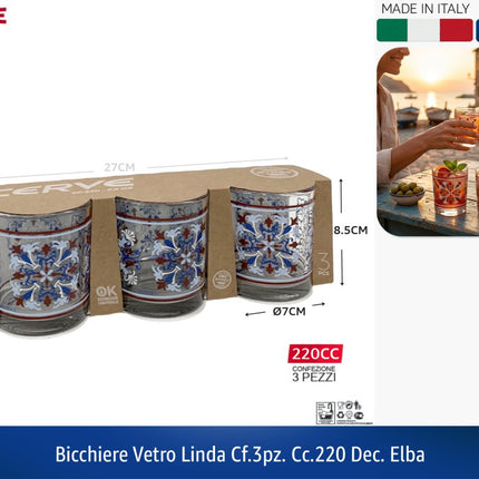 Cerve Bicchiere Vetro Linda da 220 cc Decorazione Elba Made in Italy - Set da 3, 6 o 12 Pezzi, Bicchieri Acqua e Cocktail Decorati in Vetro, Lavabili in Lavastoviglie