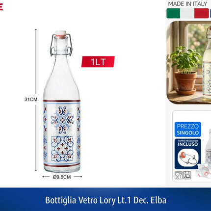 Cerve Bottiglia Vetro Lory da 1 Litro Decorazione Elba Made in Italy - Bottiglia con Tappo Meccanico Incluso Altezza 31 cm, Idonea per Alimenti e Lavastoviglie, Confezione da 1 Pezzo