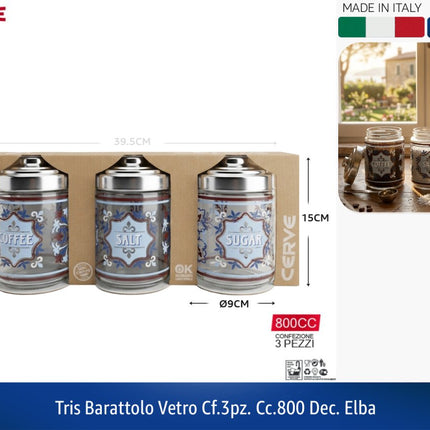 Cerve Tris Barattoli in Vetro e Alluminio da 800 cc Decorazione Elba Made in Italy - Confezione 3 Pezzi Barattolo per Caffè, Sale e Zucchero (Coffee, Salt, Sugar), Lavabili in Lavastoviglie