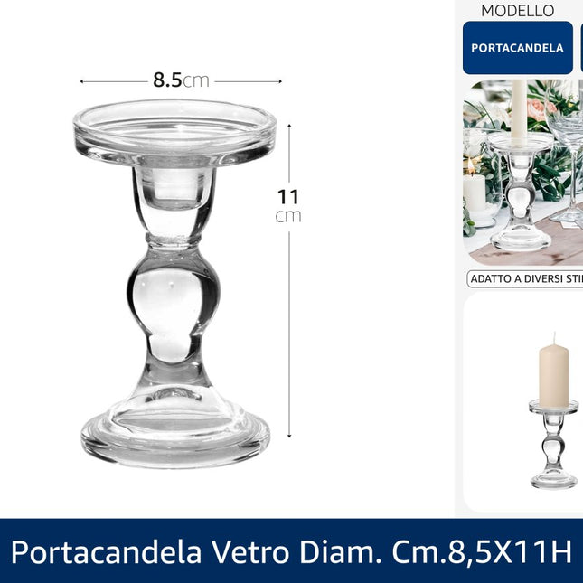 V Cristal Portacandela in Vetro Trasparente Diametro 8,5x11 cm | Candeliere Elegante da Tavolo Due Esse
